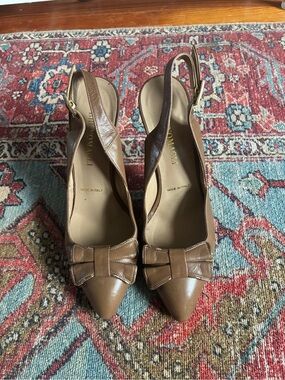 Bruno Magli Tan Leather Pointed Slingback Pumps with Bow Accent